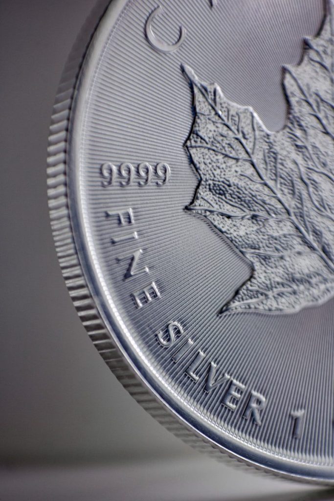 Close-up macro photograph of a .9999 fine silver bullion coin showing detailed mint engraving, representing a Gold IRA company, gold and silver IRA companies, gold IRA minimum investment, gold backed IRA information, and the benefits of gold IRA for precious metals retirement investing.